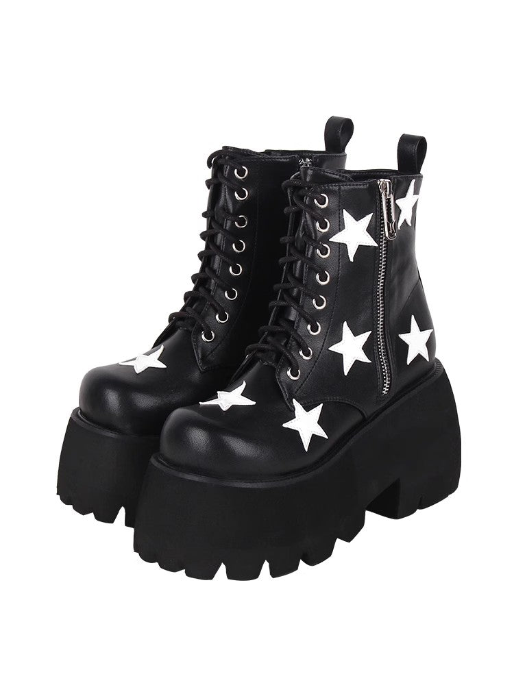 Black Five-pointed Star Print Zipper Punk Lolita Ankle Boots