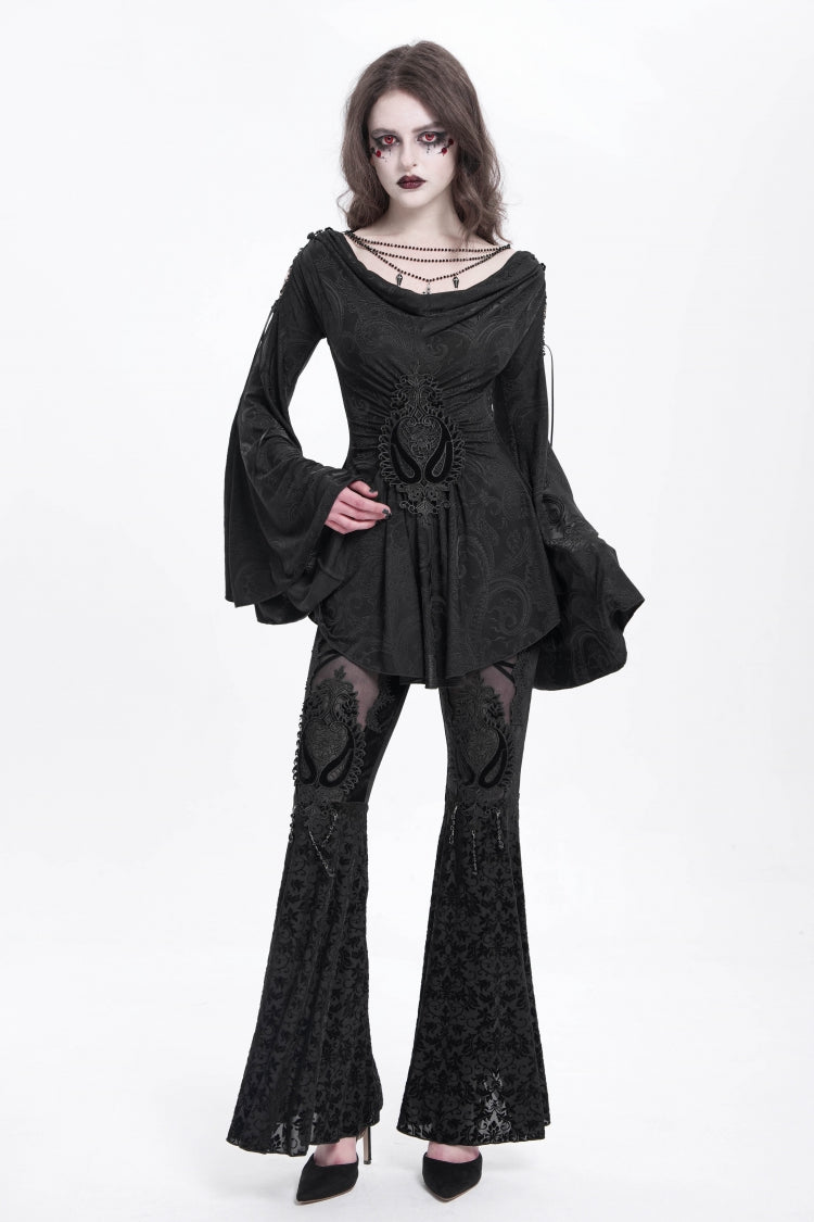 Black Long Trumpet Sleeves Print Embroidery Women's Gothic Blouse