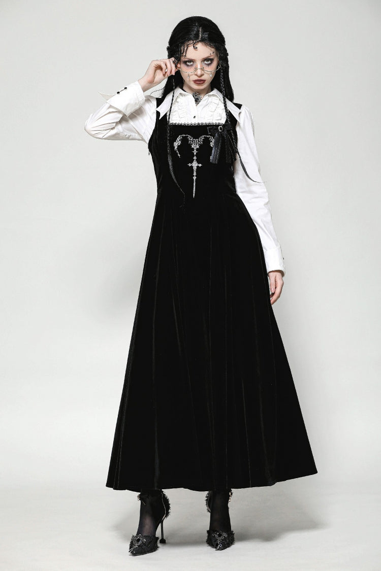 Black Horn Embroidered Lace-Up Women's Gothic Velvet Maxi Dress