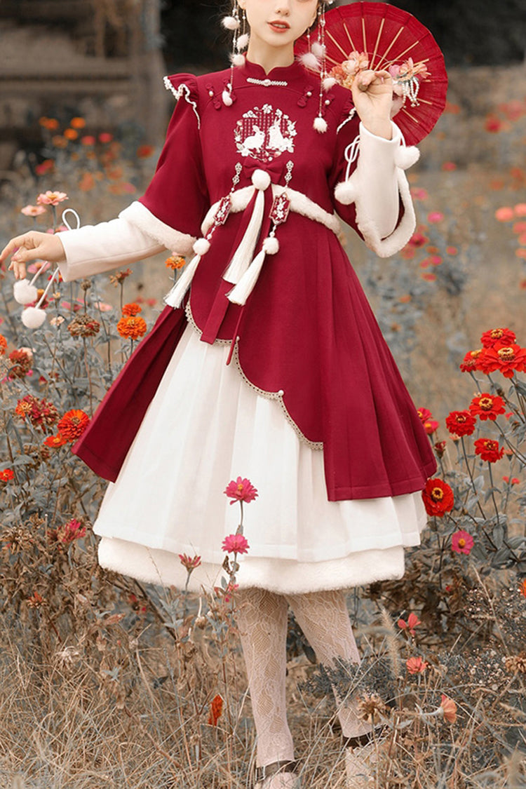 Red Round Collar Long Sleeves High Waisted Rabbits Embroidery Sweet Hanfu Dress Full Set