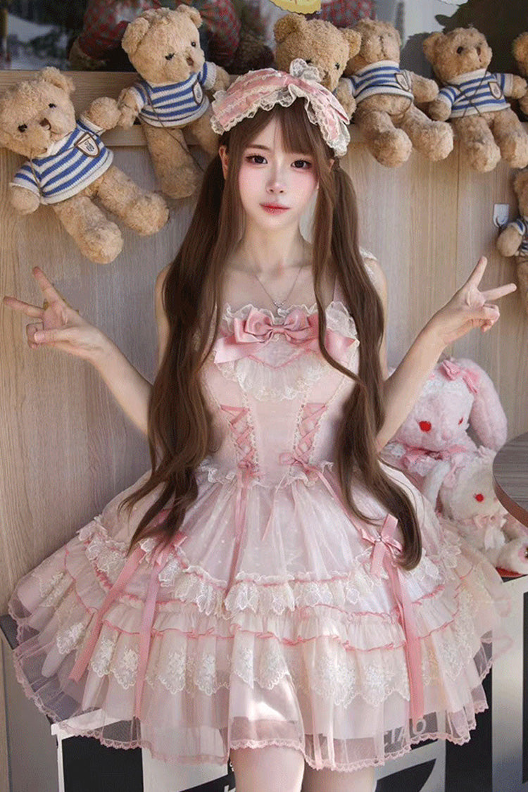 Pink [Candy House] Sleeveless Ruffle Bowknot Lace Lace-Up Sweet Lolita Jsk Dress