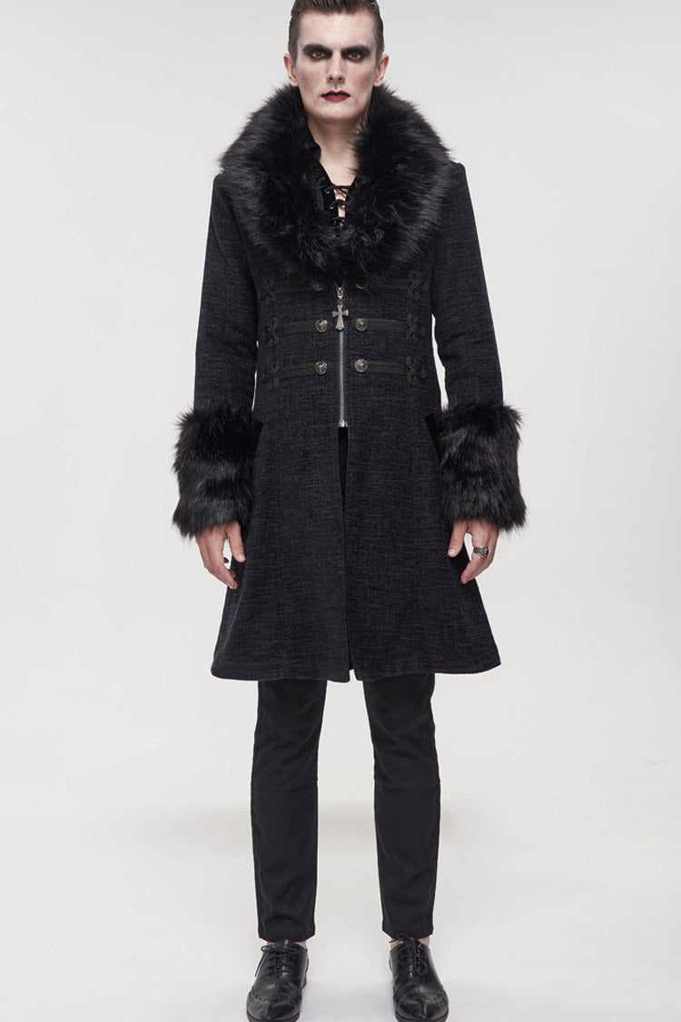 Black Gothic Vintage Button Decoration Removable Fur Collar Men's Coat