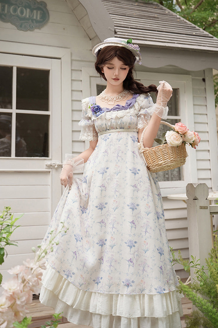 Purple/Ivory [Iris Secrets] Short Sleeves Double-Layered Print Ruffle Bowknot Lace-Up Sweet Lolita Dress