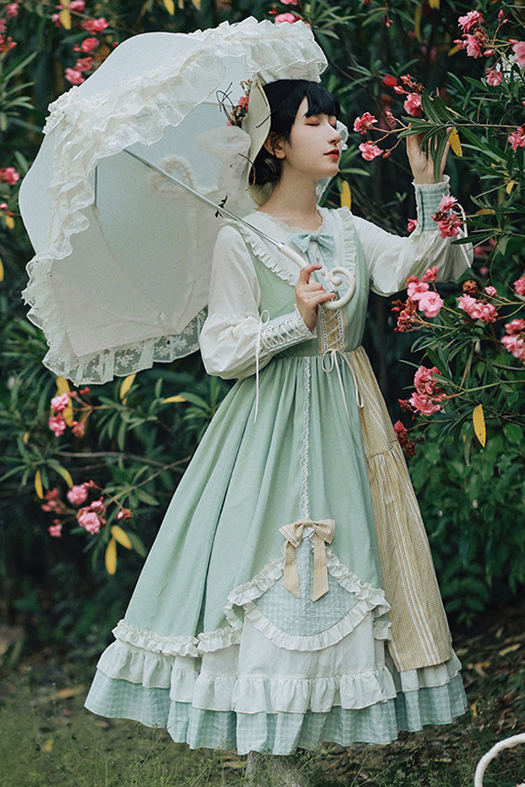 Multi-Color Plaid Print Stitching Ruffle Long Sleeves Sweet Lolita Dress