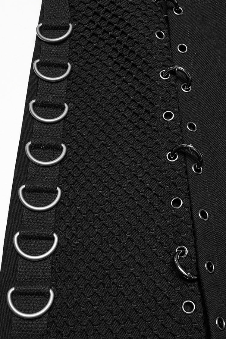 Black Faux Leather Stitching Lace-Up Irregular Mesh Men's Gothic Kilt