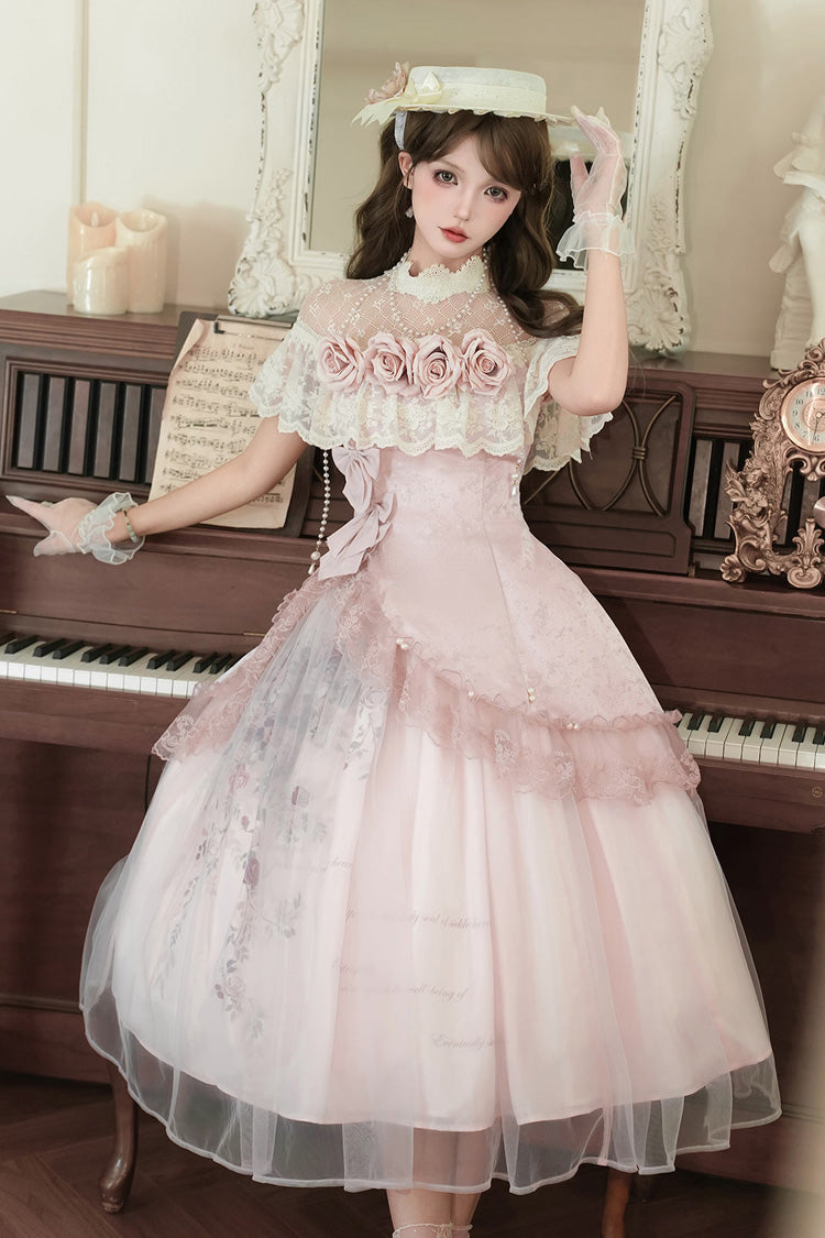Ensemble de robe Lolita élégante et douce asymétrique en dentelle avec nœud de broderie à volants rose [Poèmes de Rose] 
