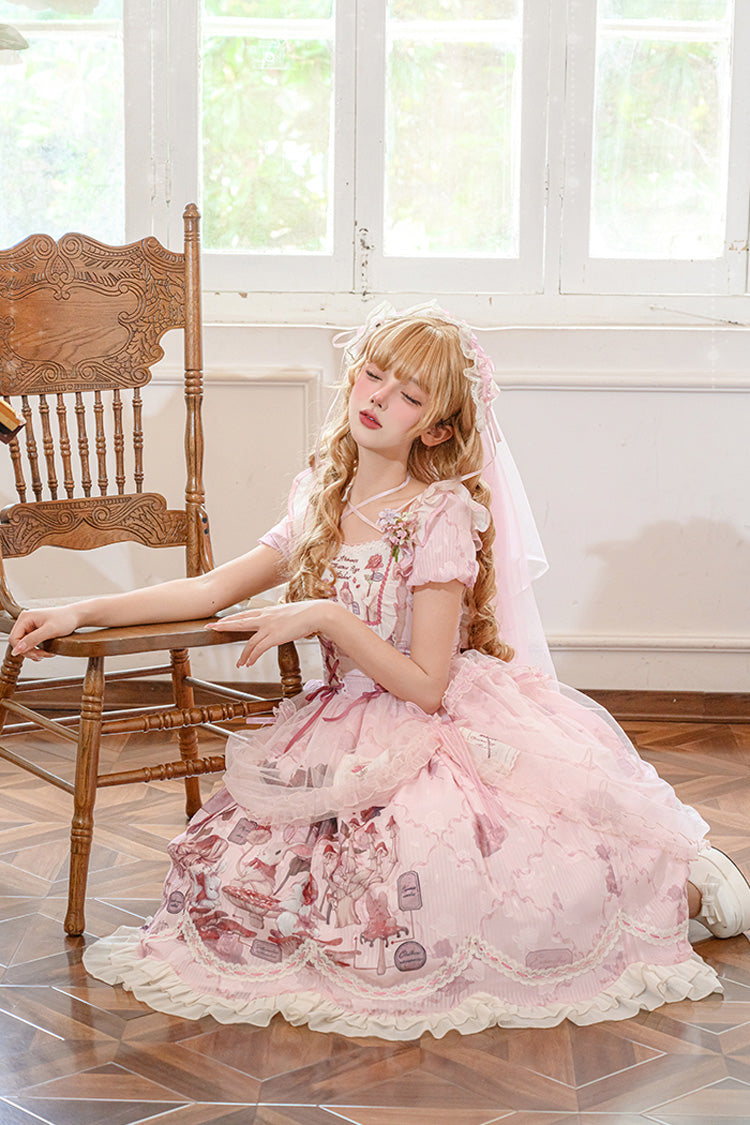 Süßes Lolita-Kleid mit rosa Kaninchen-Print, quadratischem Kragen, kurzen Ärmeln, Rüschen, Schleife und Spitze