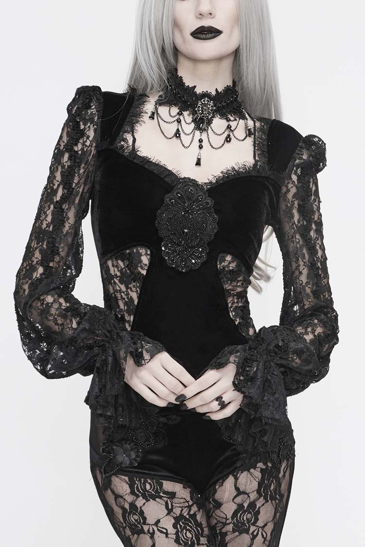 Black Front Chest Decals Lantern Sleeve Lace Cuff Back Lace-Up Knitted Velvet Women's Gothic T-Shirt