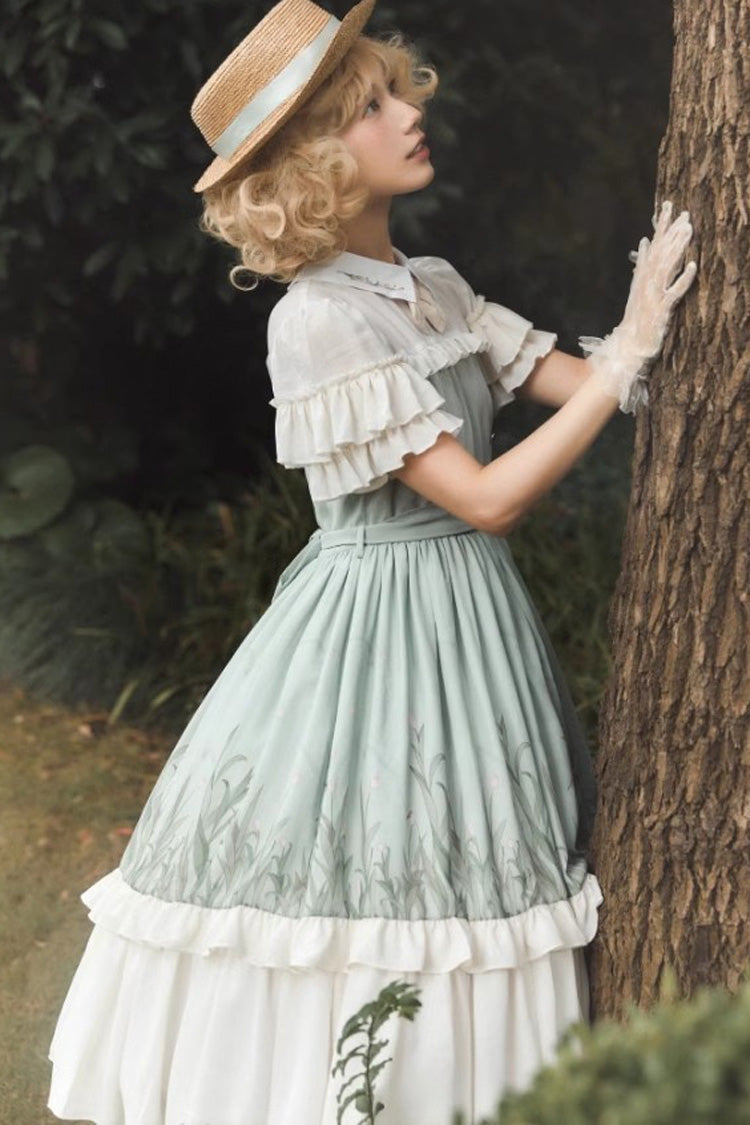 White/Green Lapel Collar Wizard Of Oz Short Sleeves Ruffle Bowknot Sweet Lolita Dress