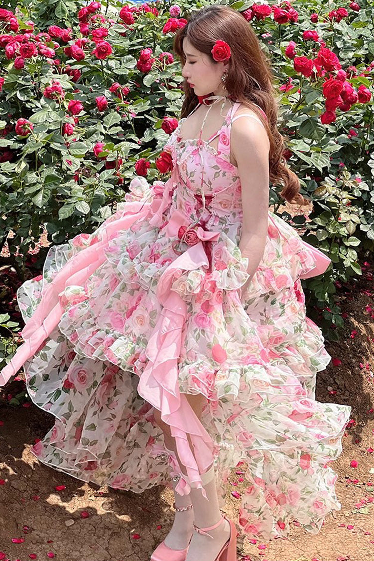 Pink Multi-Color Rose Print Sleeveless Sweet Lolita Strapless Dress