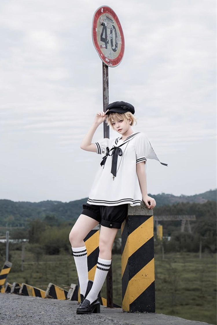 Black/White [Old Stories] Navy Collar Short Sleeves Bowknot Ouji Gothic Lolita Blouse Shorts Set