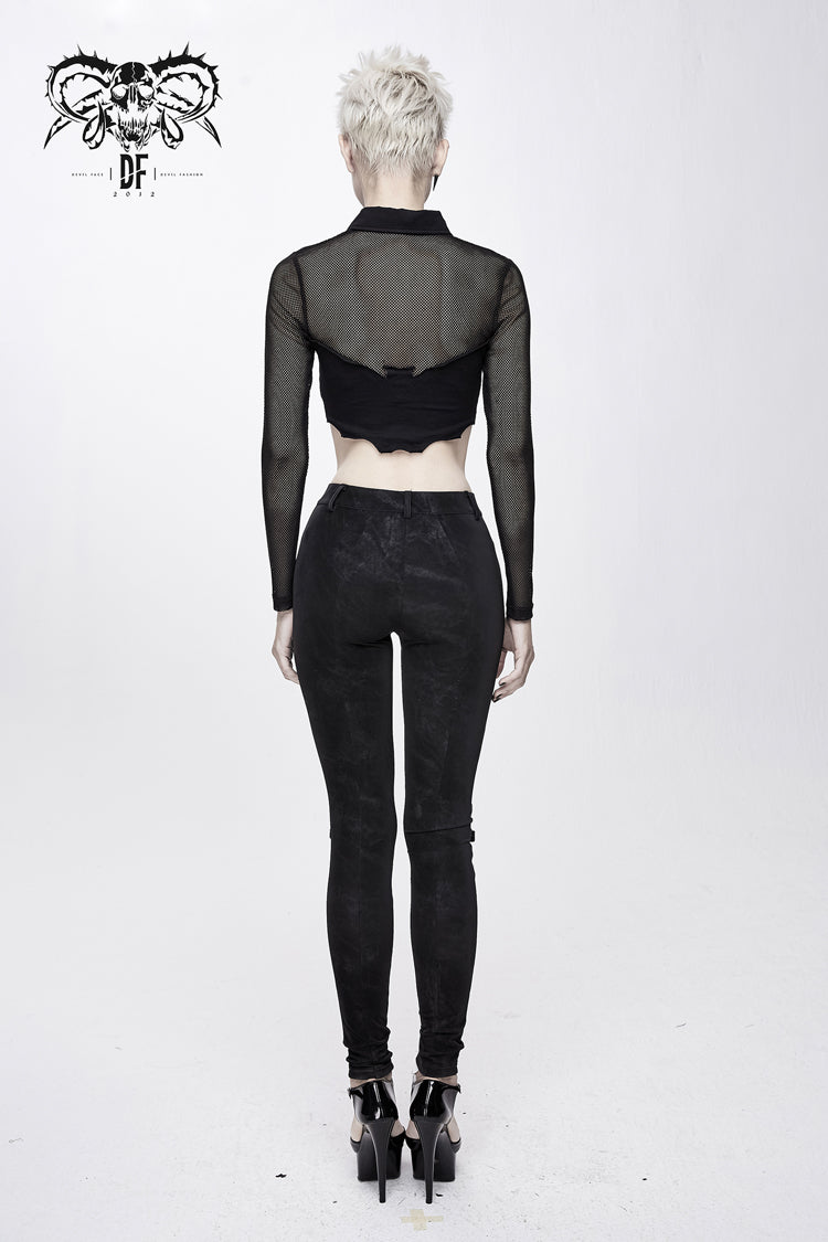 Black Bat Collar Splice Mesh Long Sleeve Chest Hasp Short Women's Punk T-Shirt