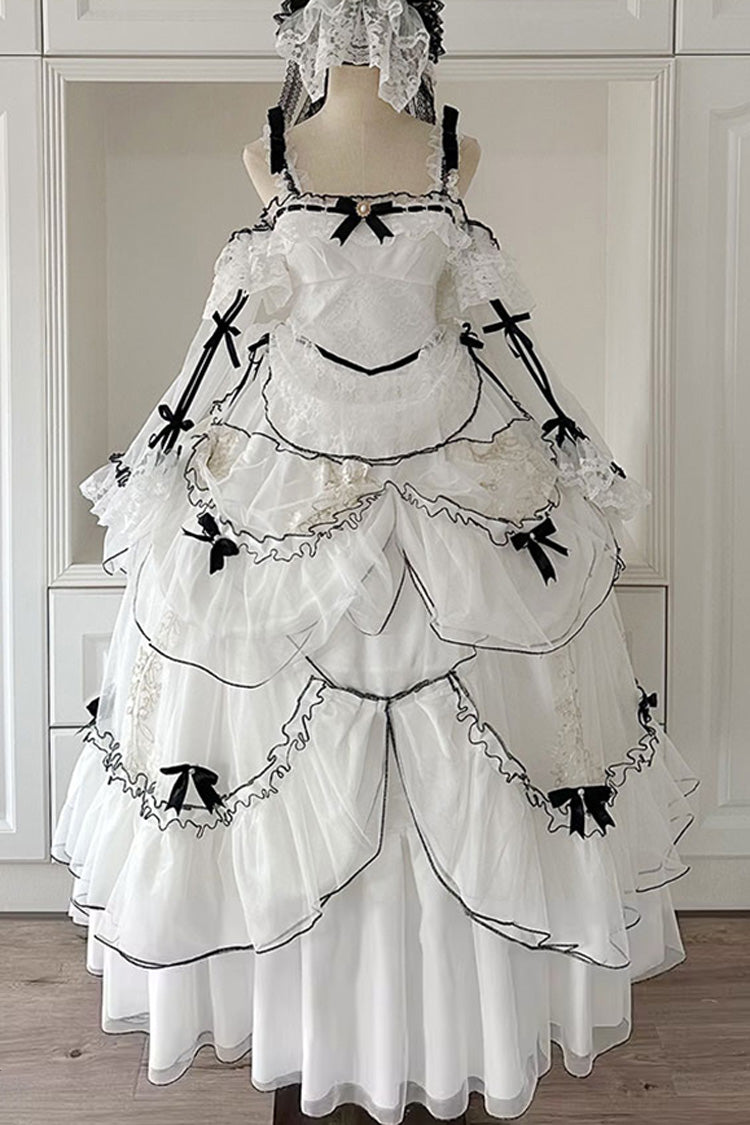 White [Cascade Poem] Sleeveless Multi-Layered Ruffle Hanayome Bowknot Lace Gothic Plus Size Gorgeous Lolita Jsk Long Dress