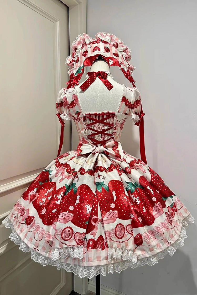 [Dream to Strawberry] Print Short Sleeves Ruffle Bowknot Lace Sweet Lolita OP Dress 4 Colors
