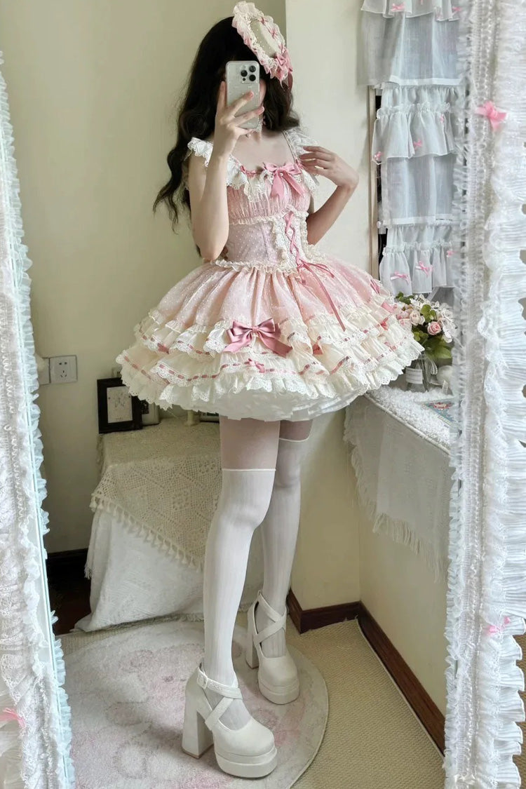 Rosa dreilagiges süßes Prinzessinnen-Ballett-Lolita-JSK-Kleid mit Schleife und Schnürung
