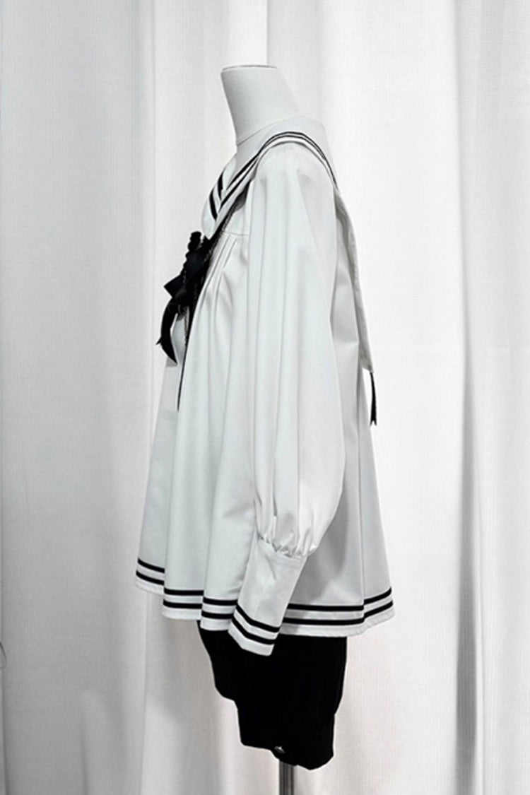 Black/White [Old Stories] Navy Collar Long Sleeves Bowknot Ouji Gothic Lolita Blouse Shorts Set