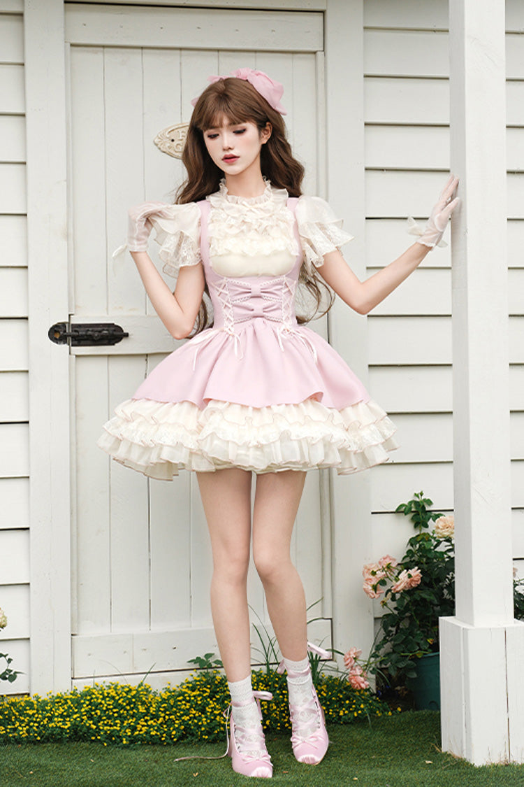 Robe Bustier Sweet Lolita Jsk à Volants Multicouches avec Nœud Papillon et Lacets [Love Diary] Rose 