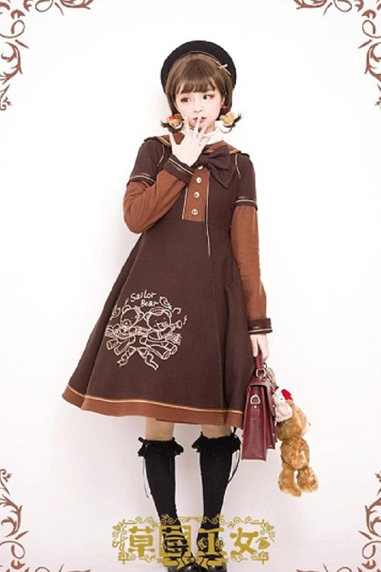 Bear Print Embroidery Long Sleeves Bowknot Sweet Lolita Woolen Coat 2 Colors