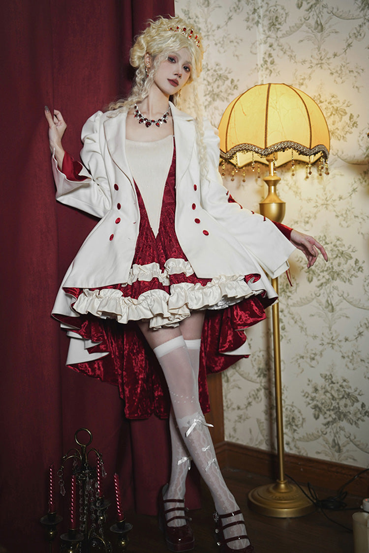 Weißer zweireihiger unregelmäßiger Gothic-Lolita-Mantel mit kurzer Vorderseite und langer Rückseite