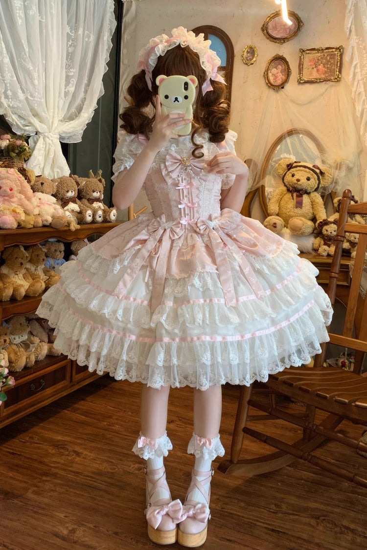 Pink [Snow Kissed Romance] Sleeveless High Waisted Multi-Layered Bowknot Lace Pearl Sweet Ballet Lolita Jsk Dress