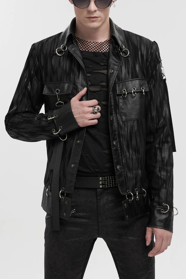 Black Metal Ring Perforated Lapel Lapel Button Handsome Men's Punk Jacket