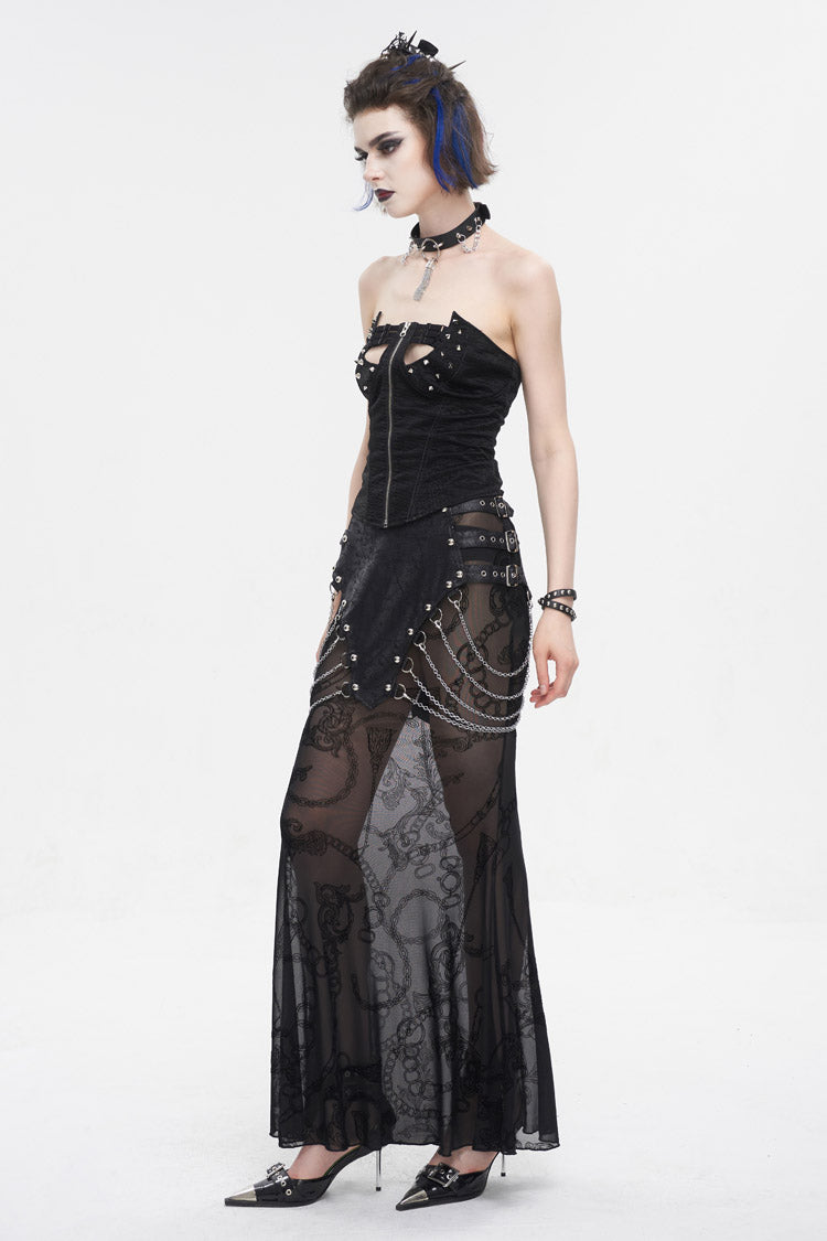 Black Mesh Splice Chain Fishtail Women's Gothic Skirt