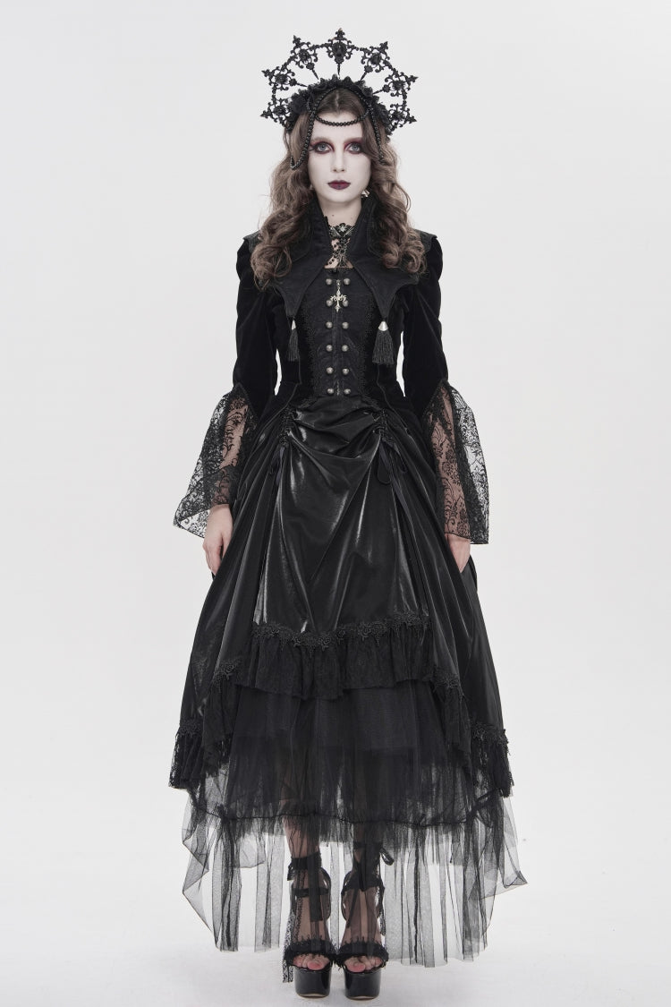 Veste noire à manches longues trompette en dentelle brodée, Slim, fermeture éclair, col chauve-souris gothique pour femmes, veste zippée à Double boutonnage