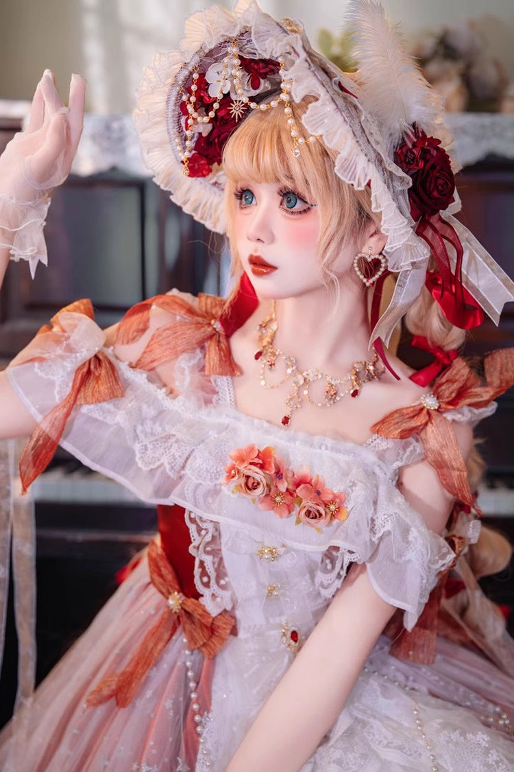 Red [Glazed Phantom] Off Shoulder Ruffle Hanayome Bowknot Lace Sweet Elegant Lolita Dress