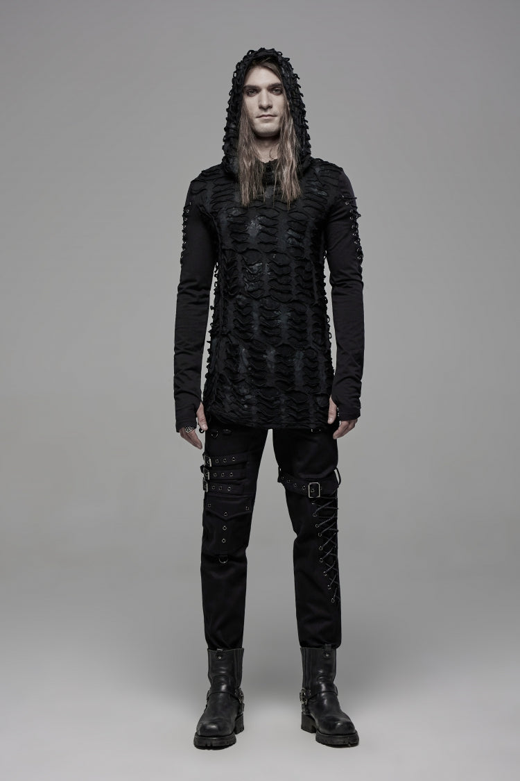 Schwarzes, langärmliges, geschnürtes, mit Kapuze, gerissenes, plissiertes Herren-Gothic-Cool-T-Shirt