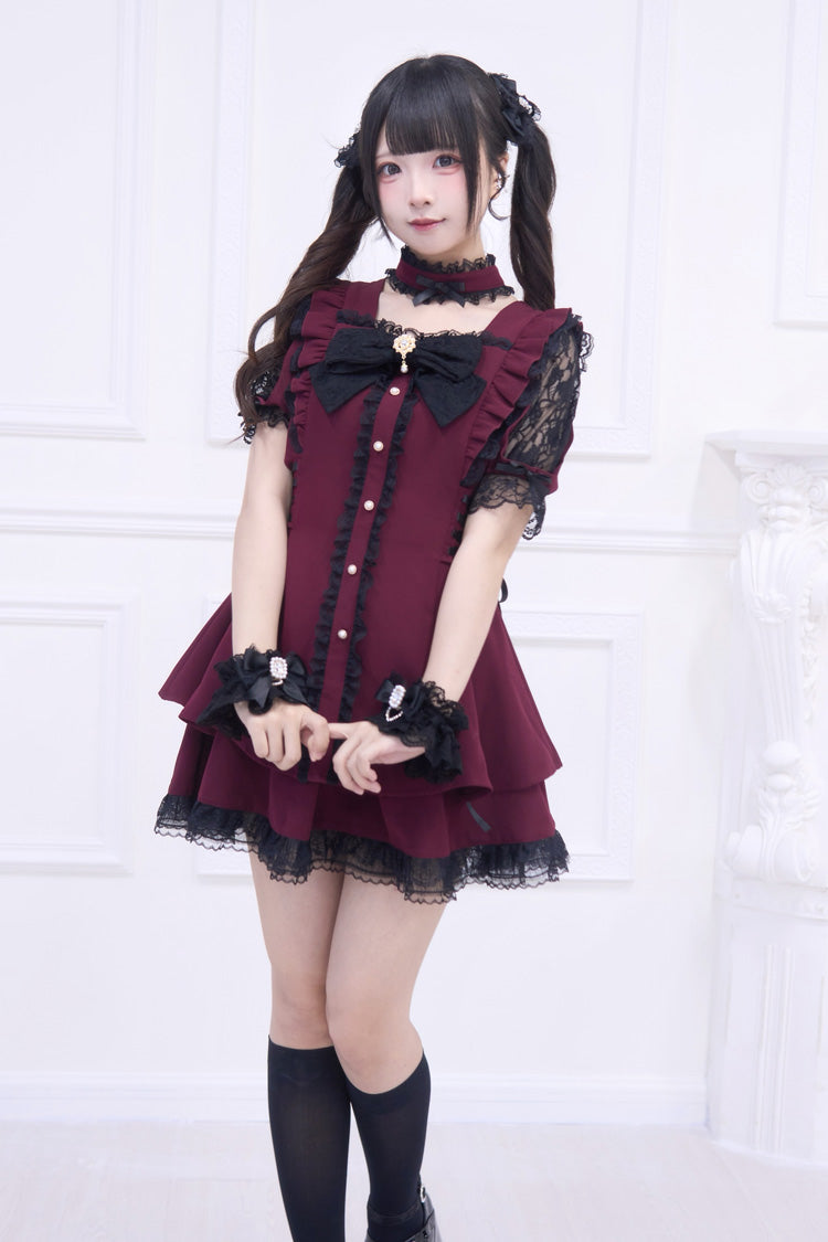 Red [Waltz] Short Sleeves Ruffle Bowknot Gothic Jirai Kei Japanese Dress Set
