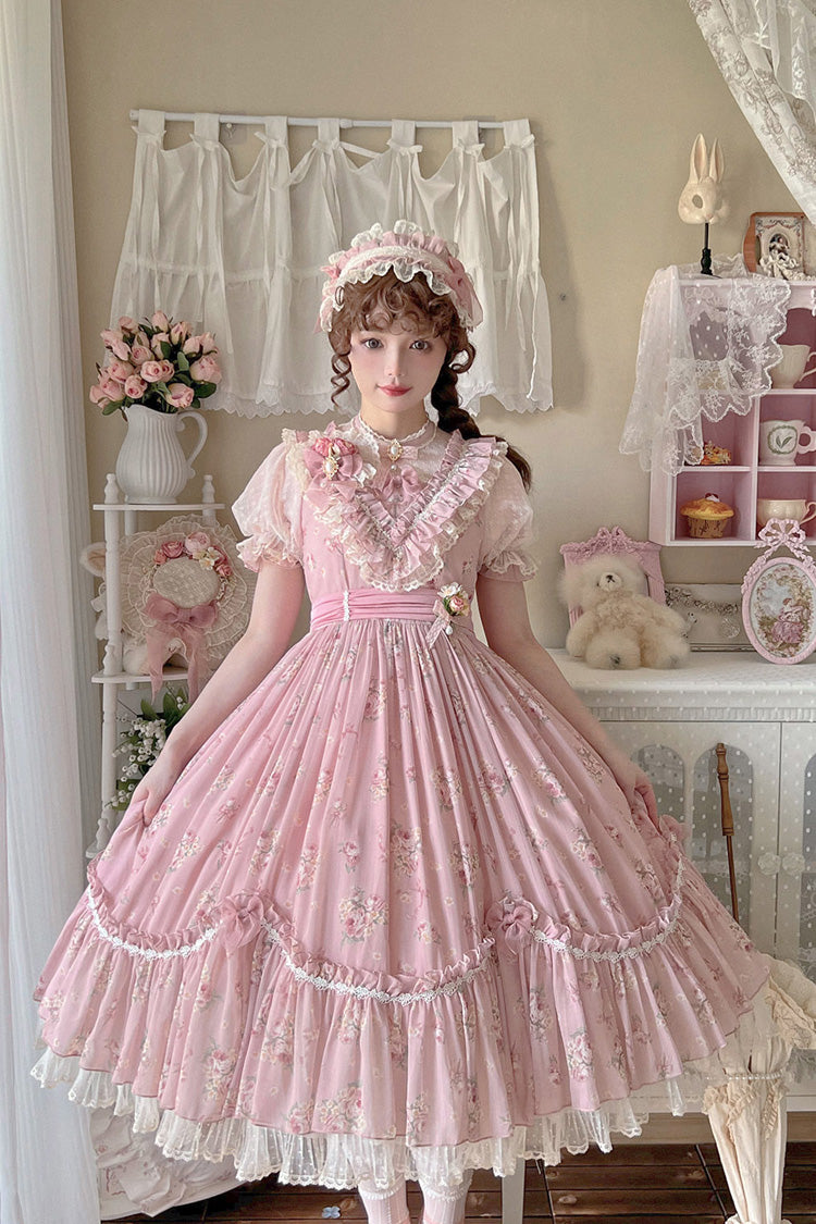 [Daydream Rose] Kurzärmliges Kleid mit Blumen-Jacquard-Print, Rüschenstickerei, Schleifenknoten, Sweet Lolita, in 3 Farben 