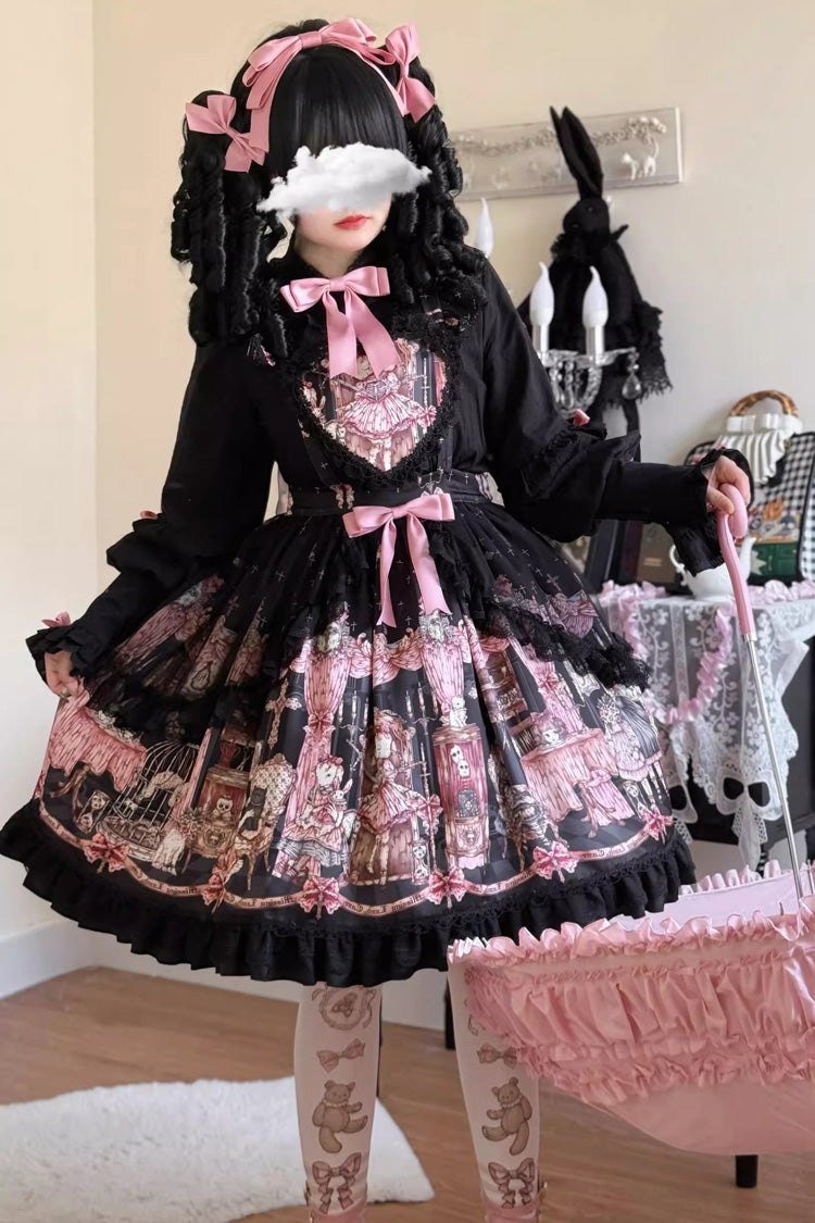 Black [The Case of the Missing Lamb] Print Ruffle Bowknot Lace Gothic Lolita SK Skirt