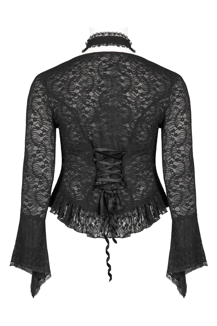 Schwarzer elastischer Spitzenstoff, sexy, perspektivische Stickerei-Dekoration, Kreuzseil, Trompetenärmel, Gothic-T-Shirt für Damen in Übergröße