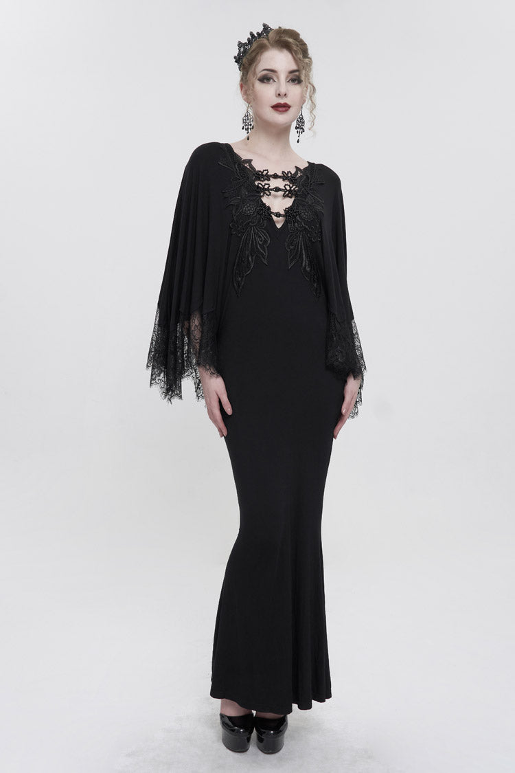 Black Deep V Neck Bat Sleeve Chest Appliqu Lace Bead Buckle Connection Small Fishtail Long Women's Gothic Dress