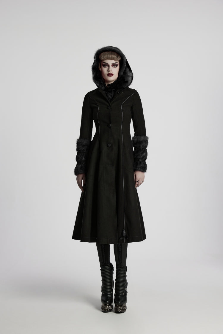 Schwarzer, langärmliger, abnehmbarer Damen-Gothic-Elegant-Luxus-Mantel mit Schnürung und Kapuze