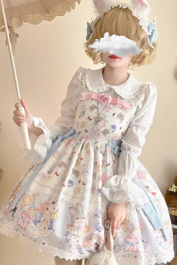 Ivory Sleeveless Printed Ruffled Bow Princess Lolita Strap Dress Set