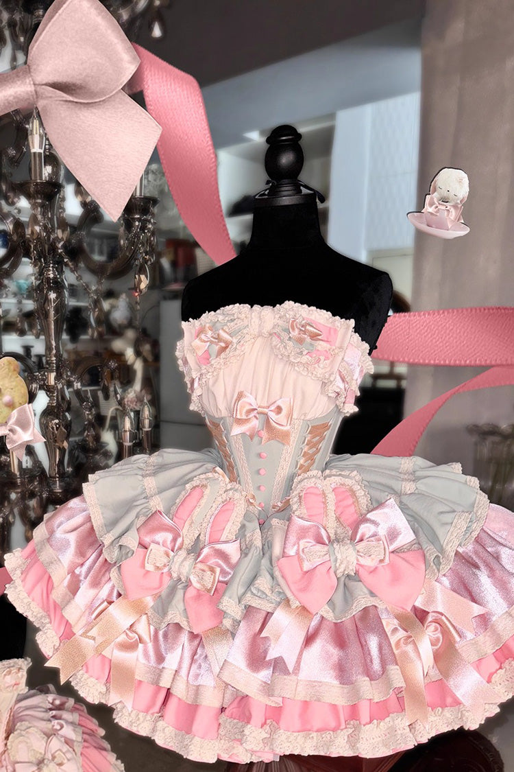 [Ribbon Dance] Multi-Layered Ruffle Bowknot Lace-Up Sweet Princess Lolita Dress 3 Colors