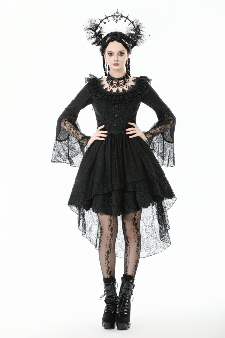 Schwarzes Damen-Gothic-Kleid mit Rüschen, U-Boot-Ausschnitt, langen Trompetenärmeln und hohem Saum