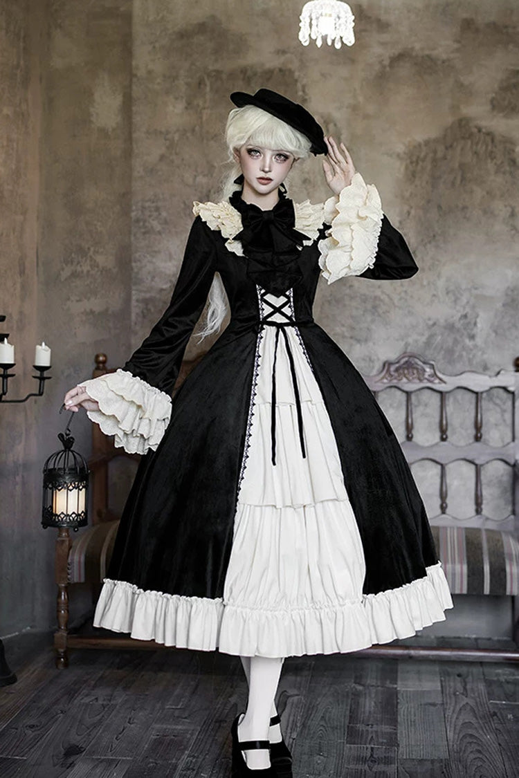 Schwarzes [Briefe und Gedichte · Nussknacker-Box] Gothic-Lolita-Kleid mit langen Ärmeln, Rüschen, vorne offener Schleife und Schnürung
