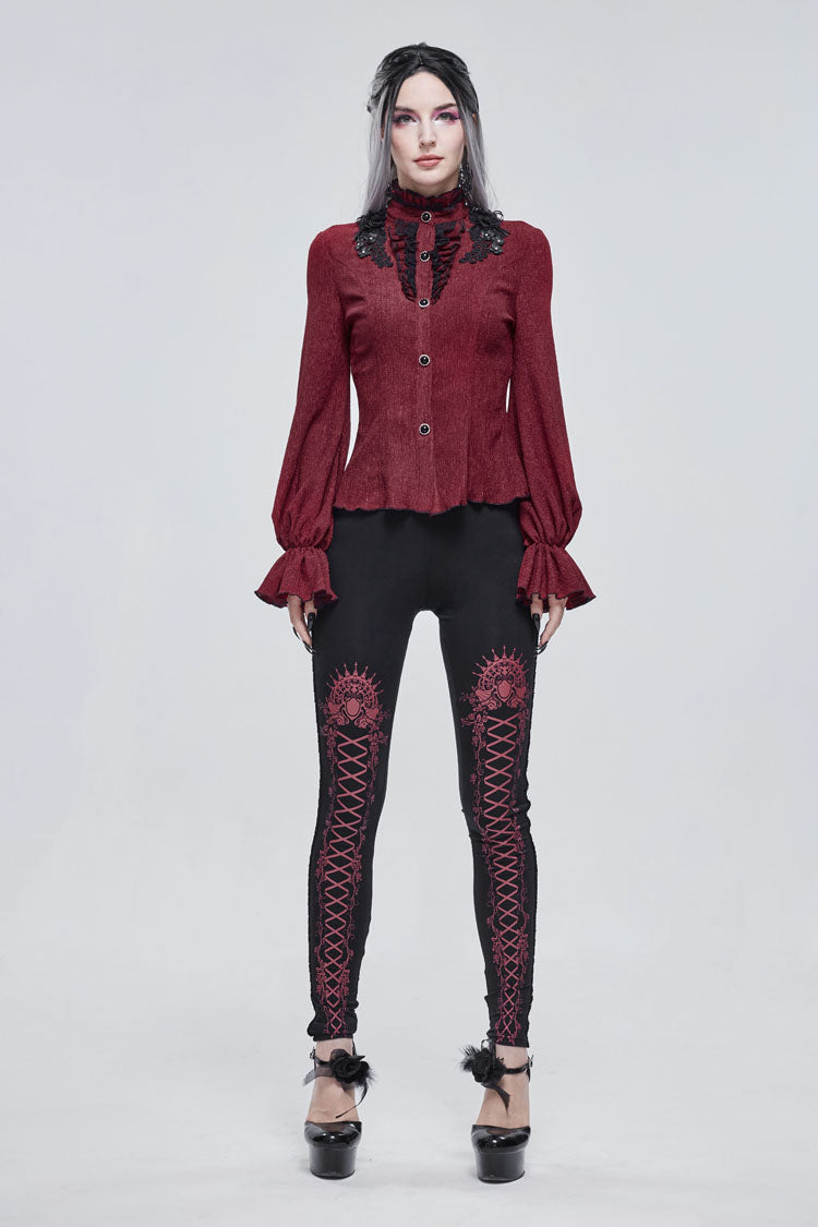 Red Lace High Neck Three Dimensional Embroidered Lantern Trumpet Sleeves Women's Gothic Shirt