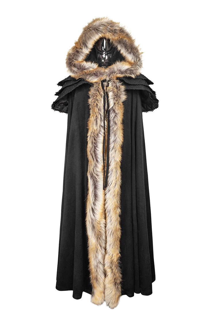 Black Hooded Fur Collar Wool Long Womens Gothic Coat Cloak