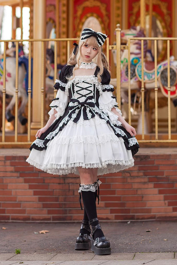 White/Black Short Sleeves Cardigan Bowknot Doll Sweet Lolita Dress