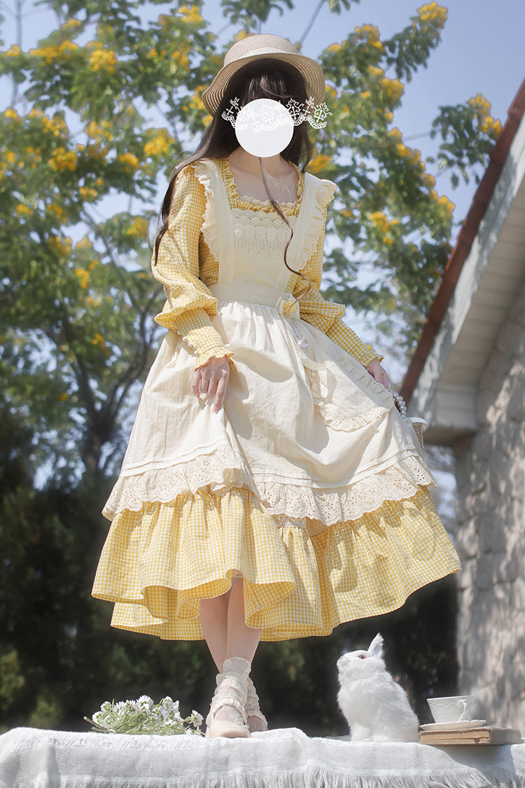 Yellow Long Sleeves Print Ruffle Lace-Up Sweet Elegant Lolita Dress