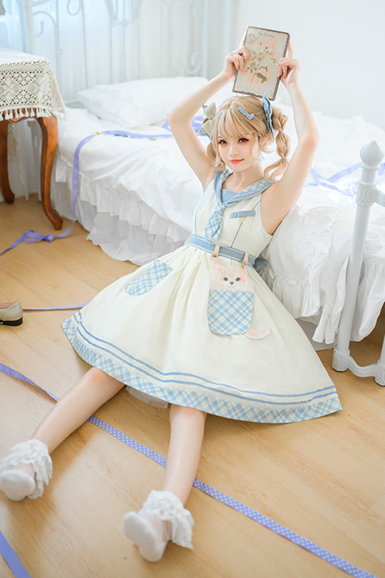 White/Blue Navy Style Cute Animals Print Sweet Princess Lolita Jsk Dress