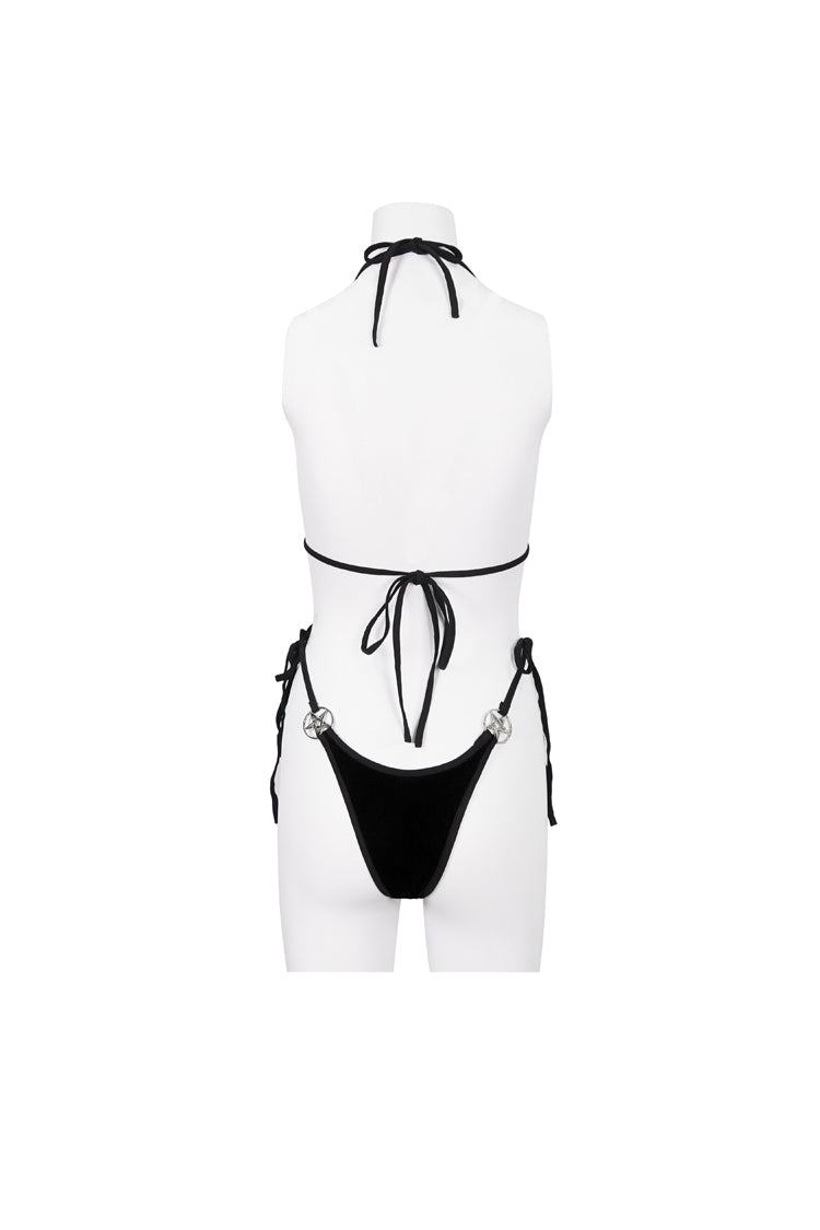 Black Velvet Stretch Sexy Cutout Pentagram Women's Gothic Swimsuit Set