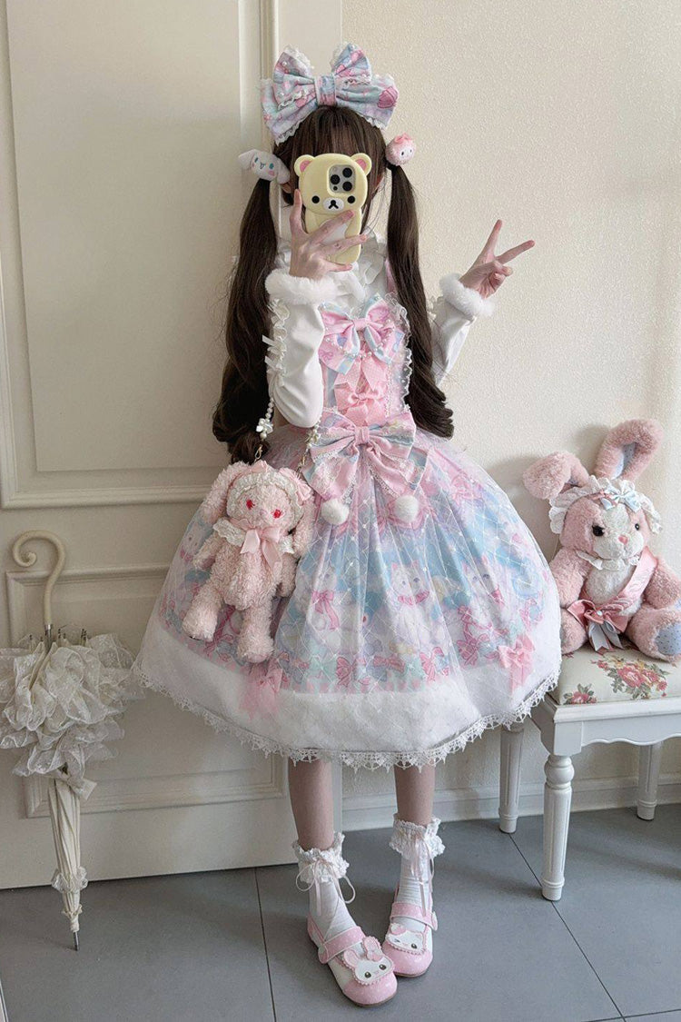 Pink/Blue [Candy Mary Cat] Printed Ruffled Embroidered Bow Lace Sweet Lolita Jsk Dress
