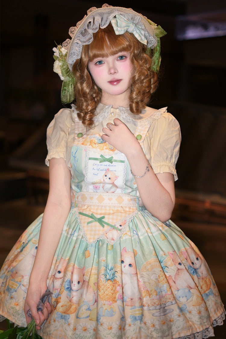 Green [Pineapple Cat] Print Sleeveless Bowknot Lace Sweet Lolita Strap Dress