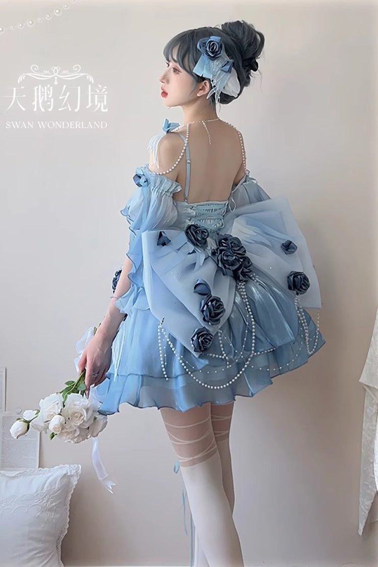 Sky Blue [Swan Wonderland] Embroidery Bowknot Lace-Up Sweet Ballet Lolita Jsk Dress Short Version