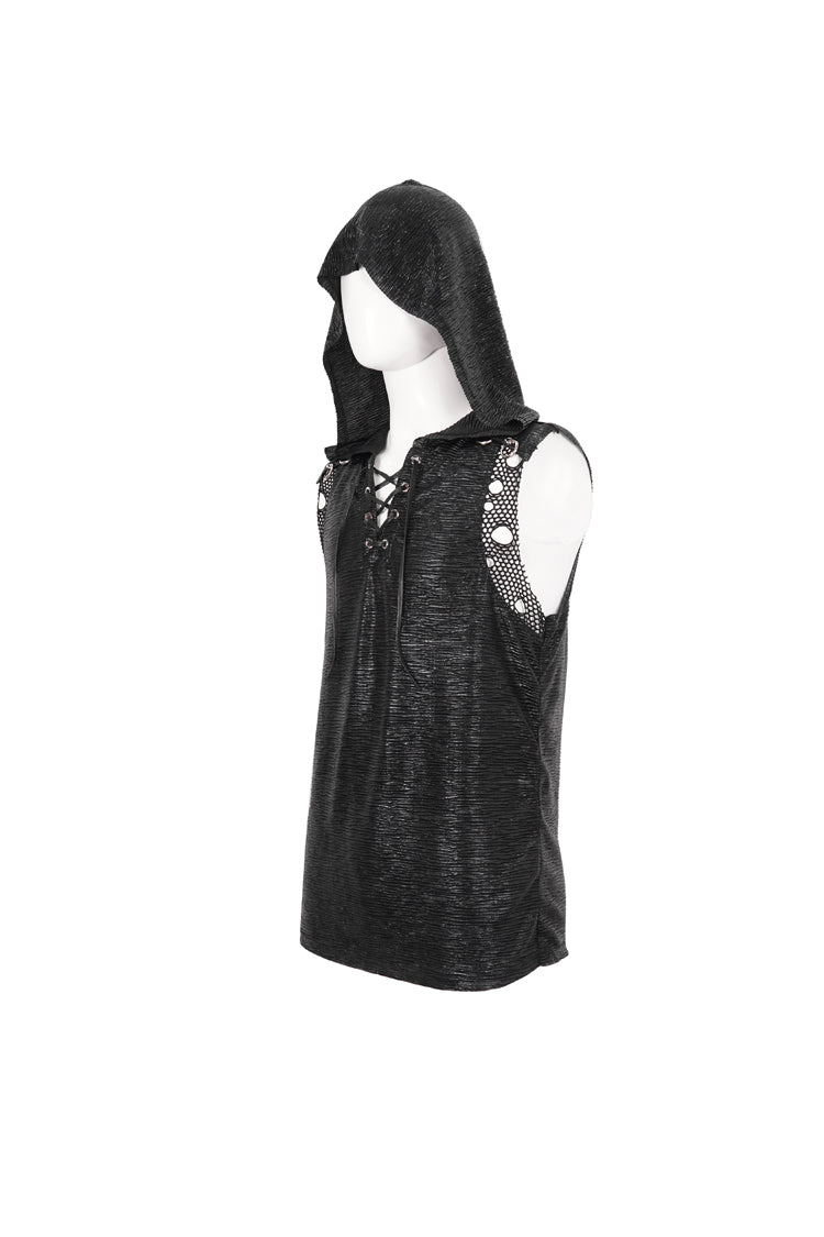 Black Strappy Mesh Splice Men's Punk Vest With Hood