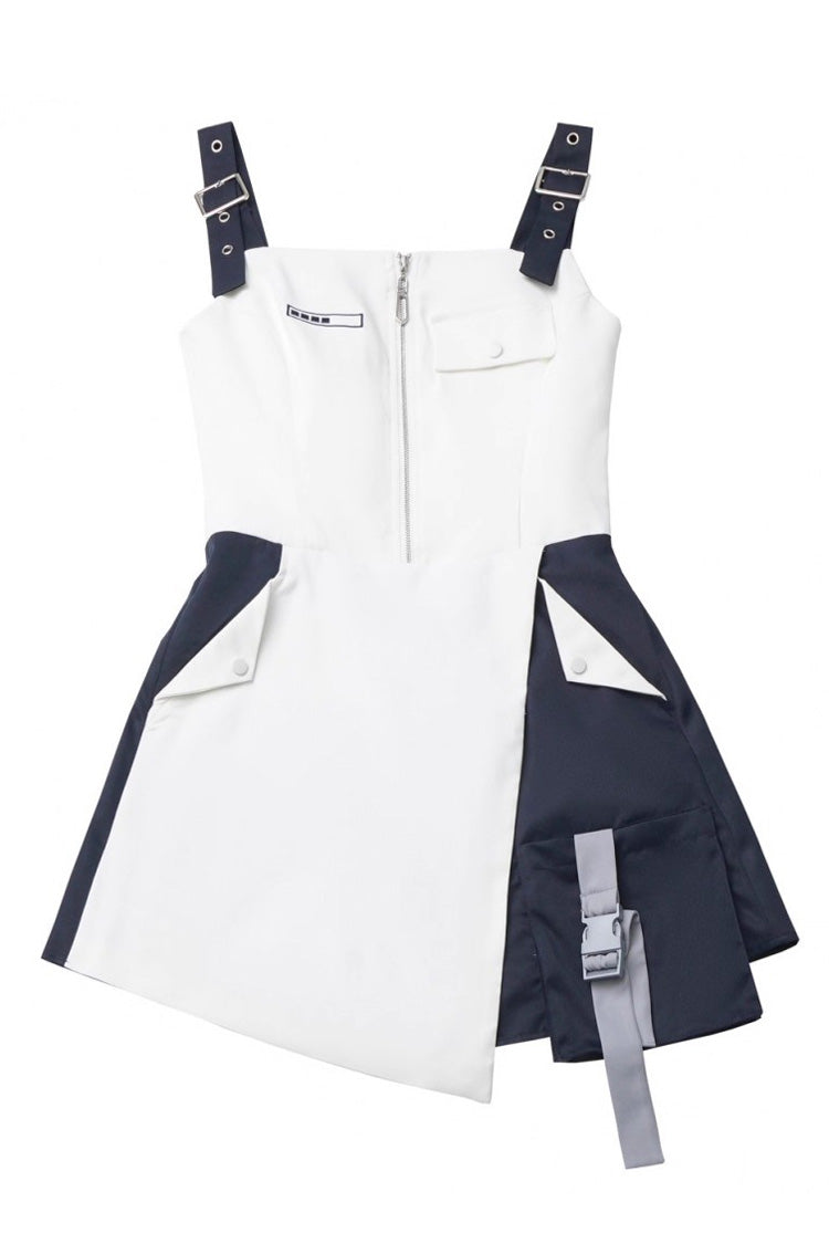 Blue/White [Message Overload] Techwear Long Sleeves Embroidered Asymmetric Zippered Jirai Kei Dress Short Coat Set